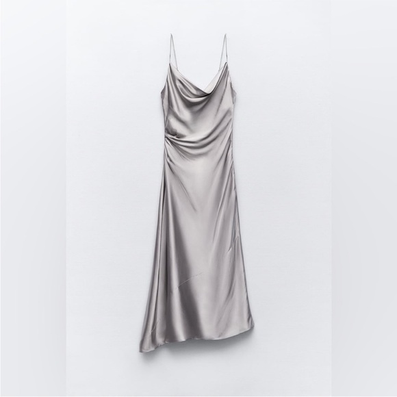 ZARA SILVER SATIN MIDI DRESS - Picture 8 of 10